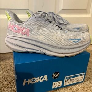 Hoka Light Gray and Pink Athletic Shoes